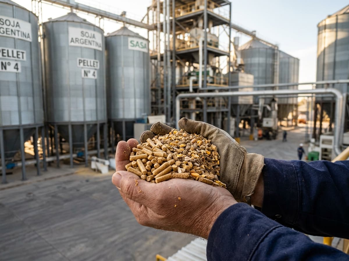 Argentine high-protein soybean meal pellets at agricultural terminal