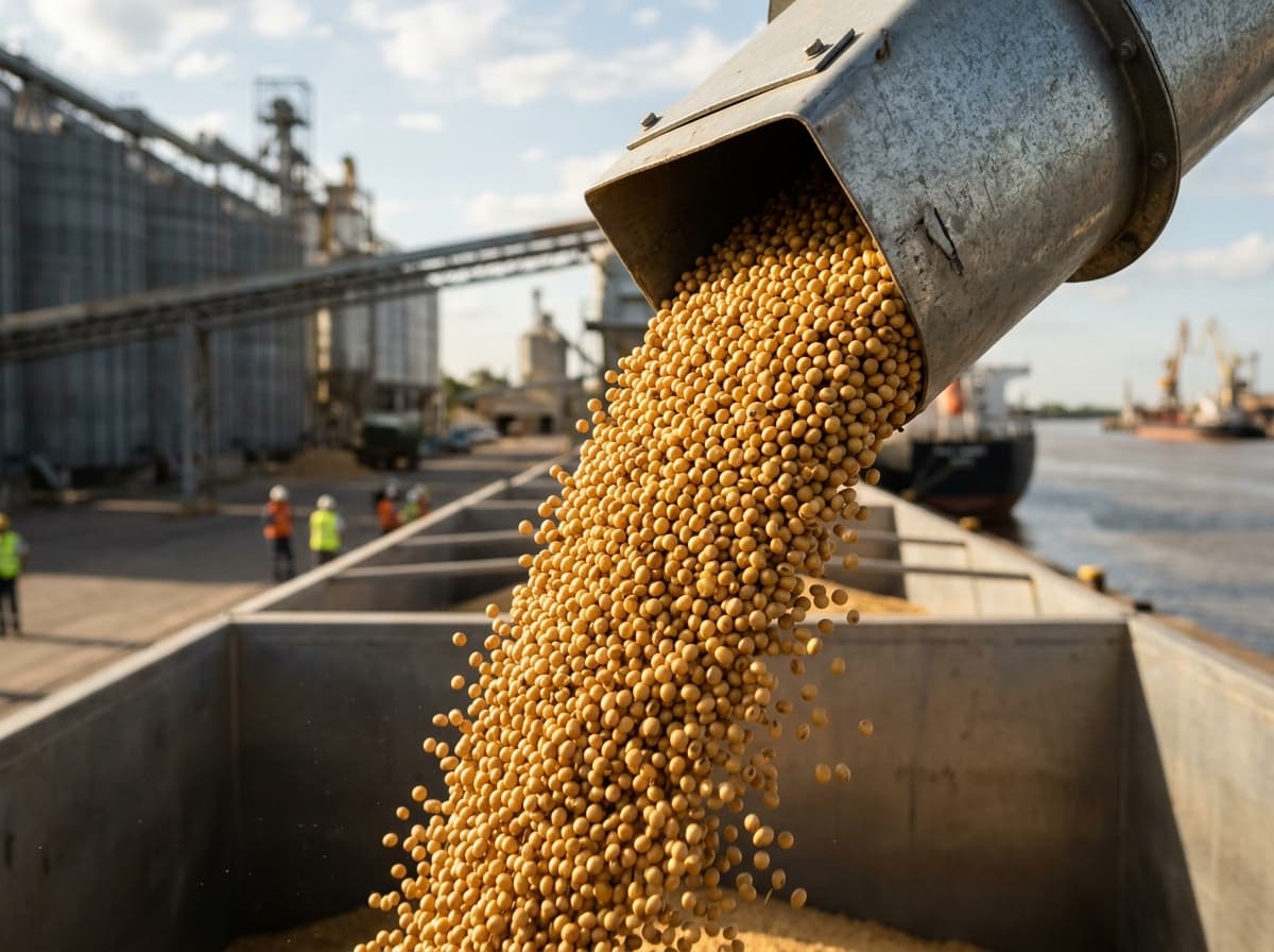 Golden Argentine yellow soybeans pouring into bulk carrier hold